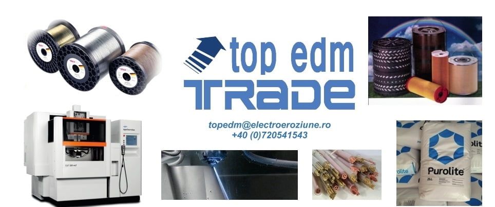 Banner TOP EDM TRADE: bobine de fir de electroeroziune, filtre, saci de rășină Purolite, electrozi tubulari și o mașină de electroeroziune; pe imagine apar adresa topedm@electroeroziune.ro și telefonul +40 (0)720541543